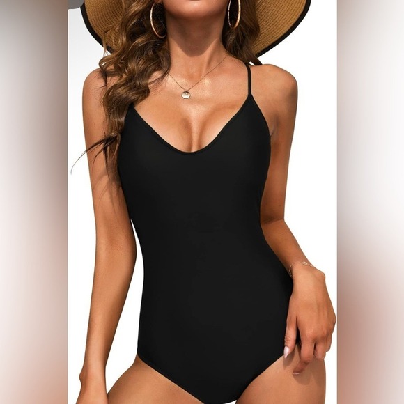 Ekouaer Other - Ekouaer Womens Black One Piece Swimsuit V-Neck Lace Up Back Bodysuit NWT